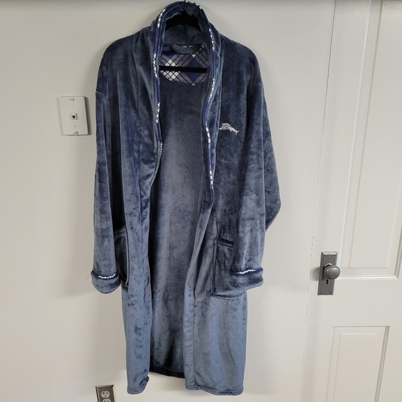 Tommy Bahama Other - Tommy Bahama‎ Mens Plush Fleece Robe Blue Plaid Trim Marlin Logo L/XL NWOT